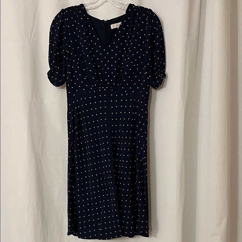 LOFT Navy and White Polka Dot Midi Dress